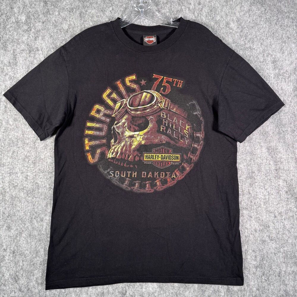Harley Davidson T Shirt Mens Size Large Black Sturgis 75th Hill City SD Skull - Picture 2 of 10